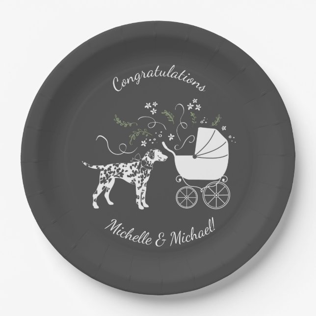 Dalmatian Dog Baby Shower Puppy Grey Paper Plate (Front)