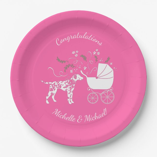 Dalmatian Dog Baby Shower Puppy Pink Girl Paper Plate (Front)