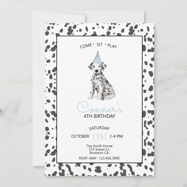 Dalmatian Dog Blue Come Sit Stay play Invitation (Front)