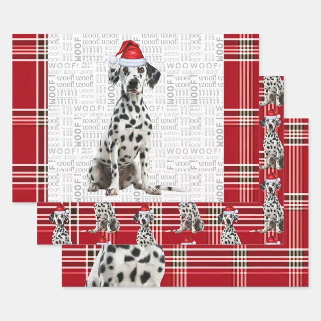 Dalmatian Dog Bold Red Holiday Plaid Christmas Wrapping Paper Sheet (Set)