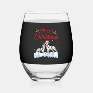 Dalmatian Dog Christmas Lights Santa Hat Xmas Dog Stemless Wine Glass