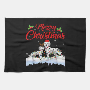 Dalmatian Dog Christmas Lights Santa Hat Xmas Dog Tea Towel