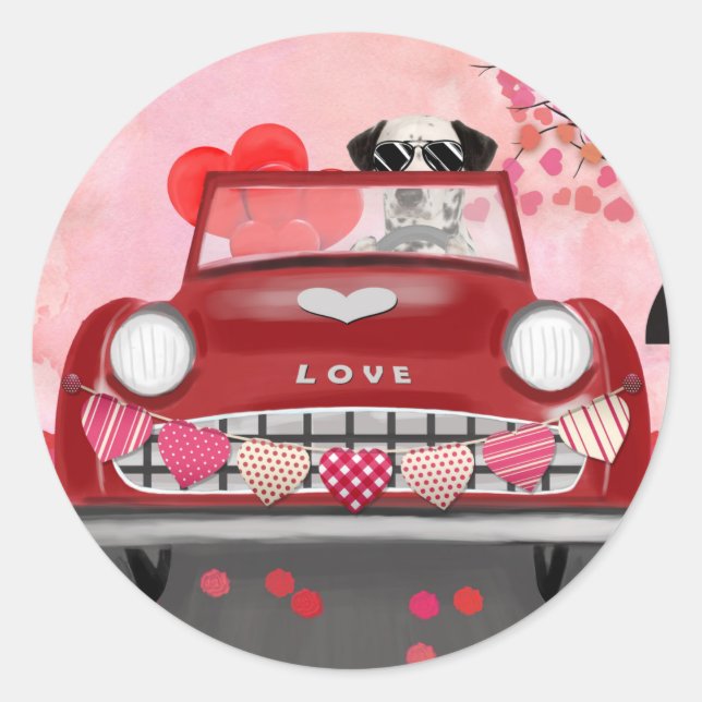Dalmatian Dog Driving Car with Hearts Valentine's  Classic Round Sticker (Front)