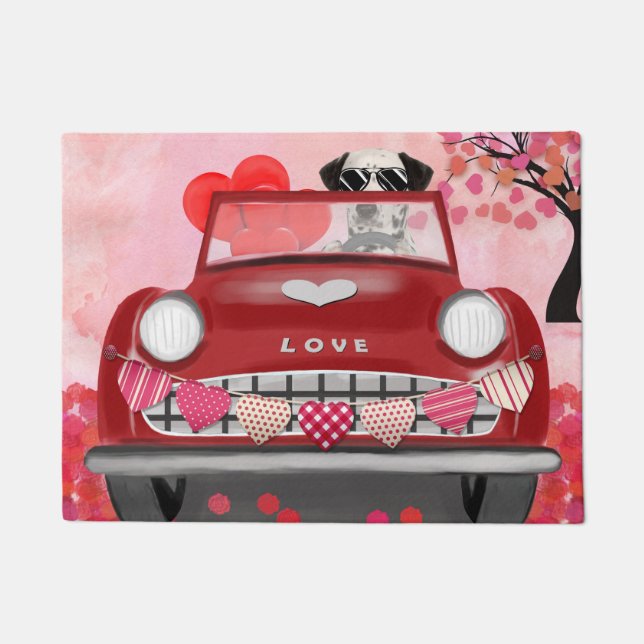 Dalmatian Dog Driving Car with Hearts Valentine's  Doormat (Front)