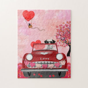 Dalmatian Dog Driving Car with Hearts Valentine's Jigsaw Puzzle