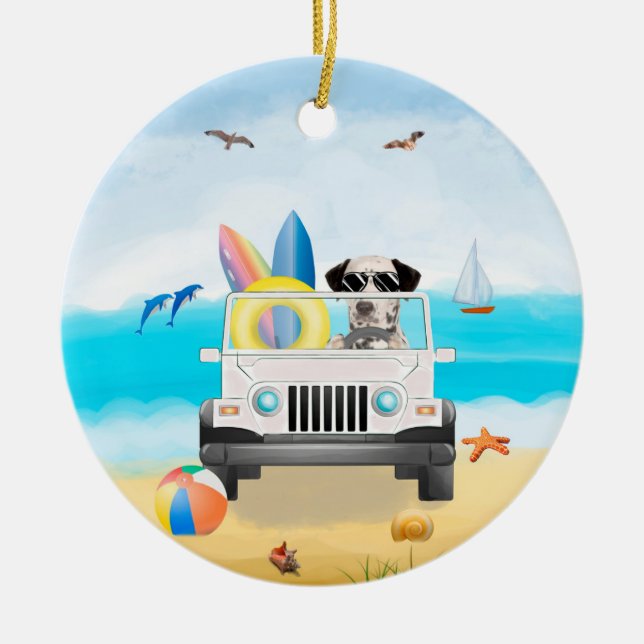 dalmatian Dog Driving on Beach  Ceramic Tree Decoration (Front)