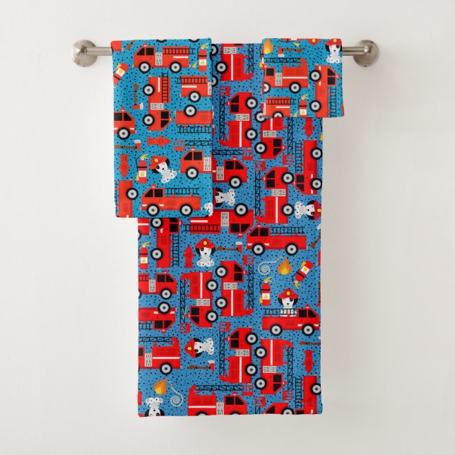 Dalmatian Dog Firetruck Firefighters Kids Pattern Bath Towel Set (Insitu)