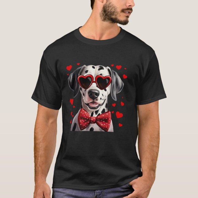 Dalmatian Dog Hearts Sunglasses Red Bow Tie Valent T-Shirt (Front)