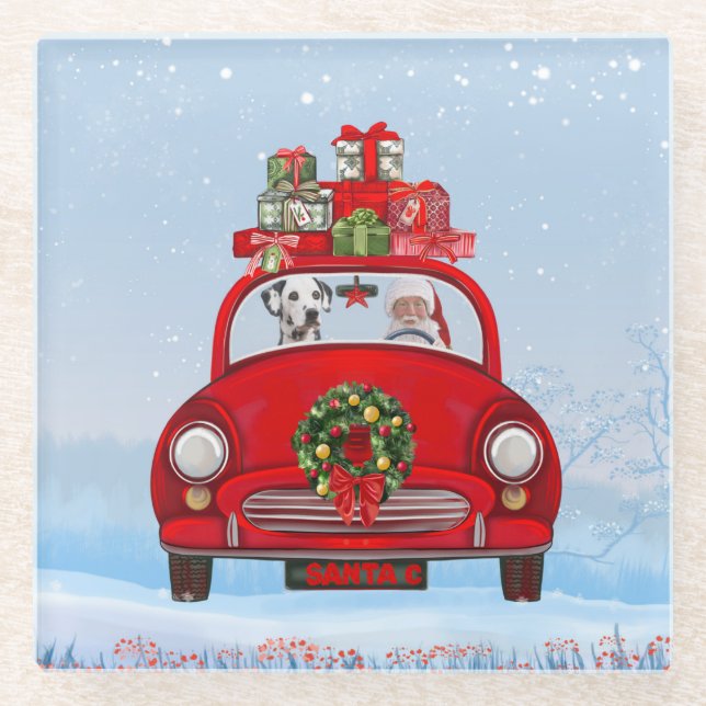 Dalmatian Dog In Car With Santa Claus Glass Coaster (Front)