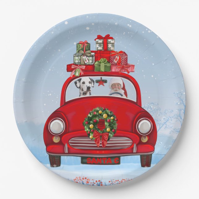Dalmatian Dog In Car With Santa Claus  Paper Plate (Front)