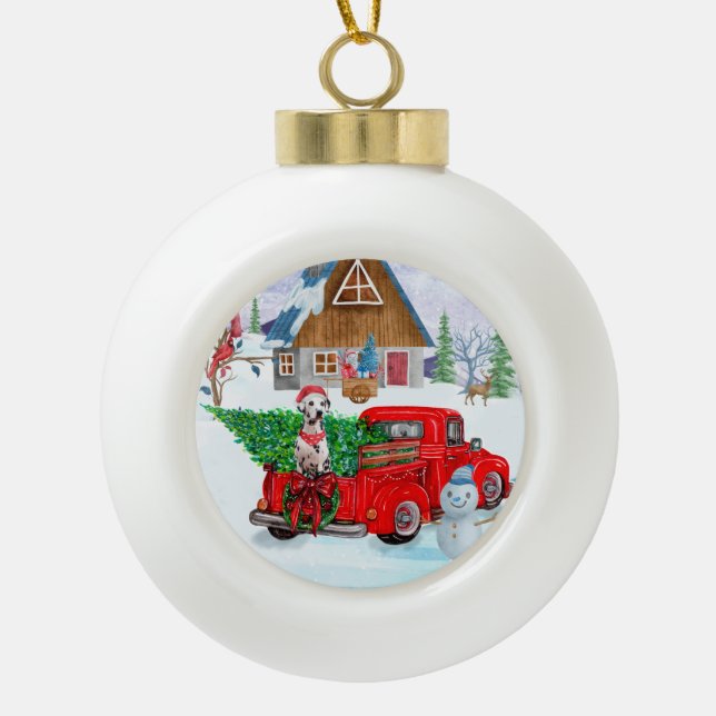 Dalmatian Dog In Christmas Delivery Truck Snow Ceramic Ball Christmas Ornament (Front)