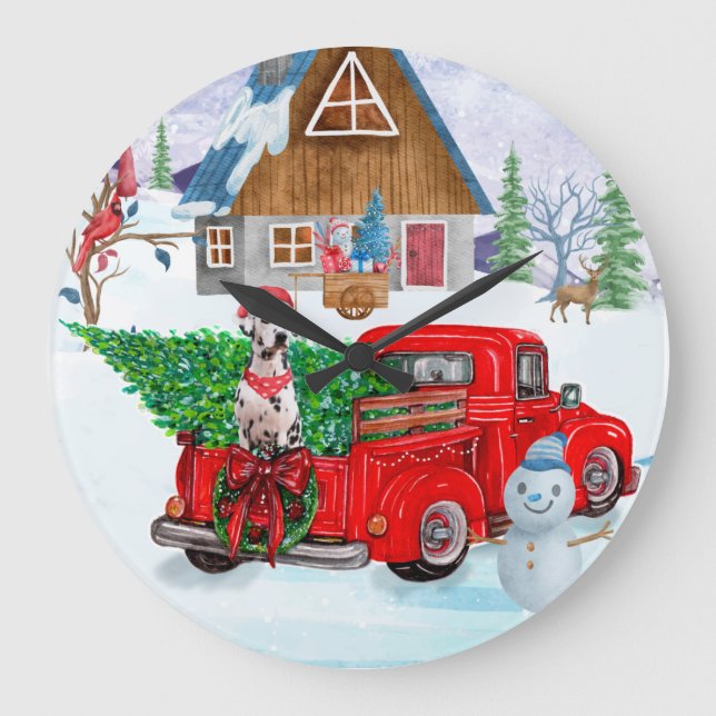 Dalmatian Dog In Christmas Delivery Truck Snow Large Clock (Front)