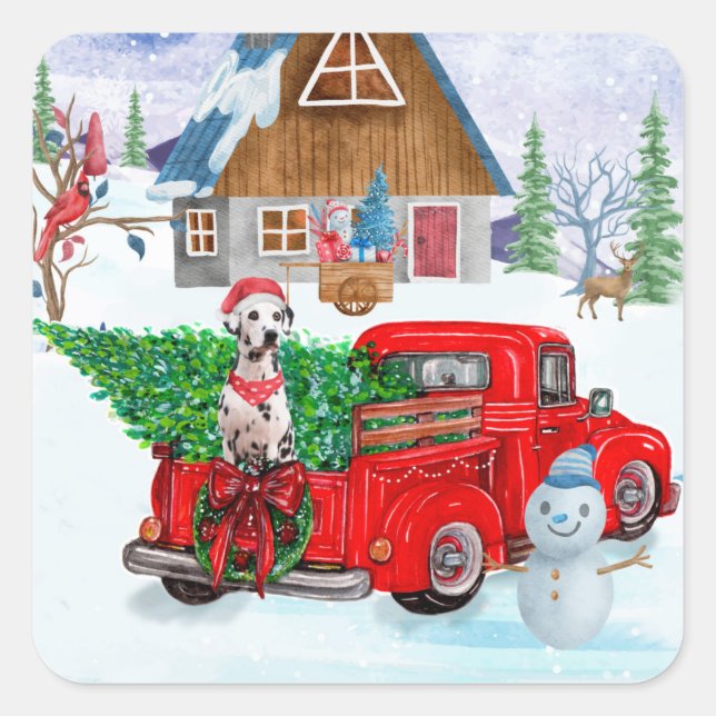 Dalmatian Dog In Christmas Delivery Truck Snow Square Sticker (Front)