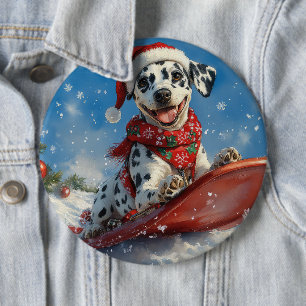 Dalmatian Dog in Sledge Let it Snow Christmas 6 Cm Round Badge