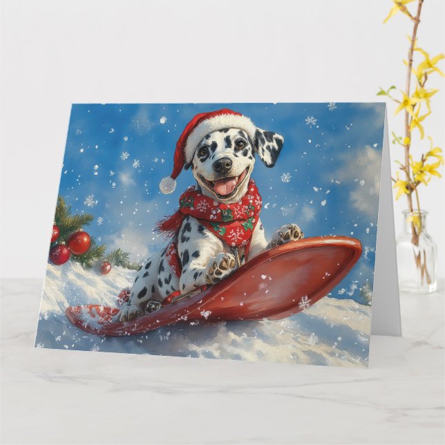 Dalmatian Dog in Sledge Let it Snow Christmas Card (Yellow Flower)