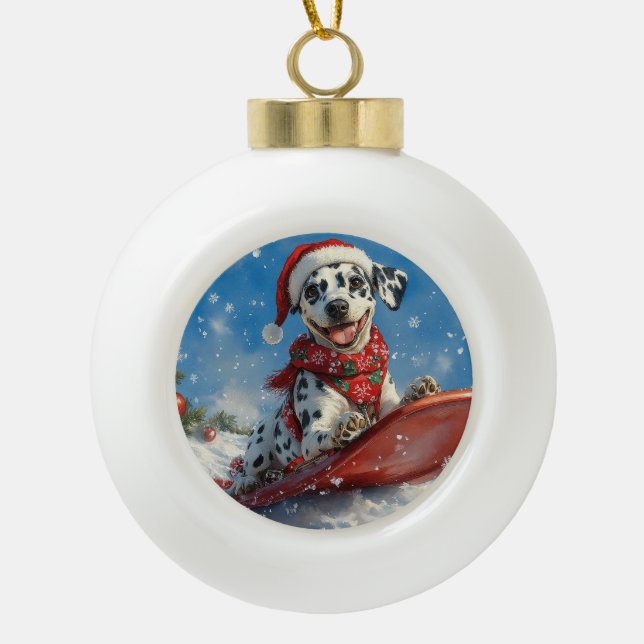 Dalmatian Dog in Sledge Let it Snow Christmas Ceramic Ball Christmas Ornament (Front)