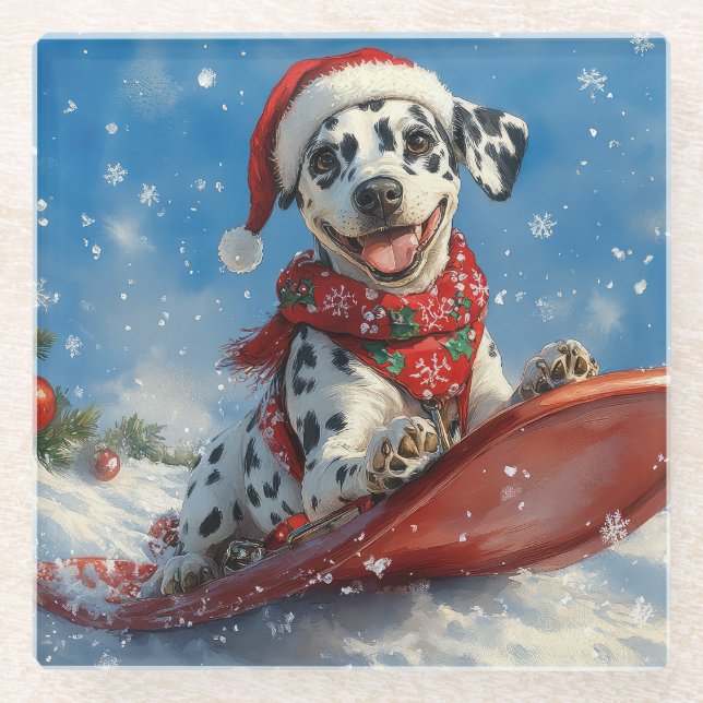 Dalmatian Dog in Sledge Let it Snow Christmas Glass Coaster (Front)