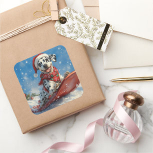 Dalmatian Dog in Sledge Let it Snow Christmas Square Sticker