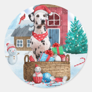 Dalmatian Dog In snow Christmas Dog House Classic Round Sticker