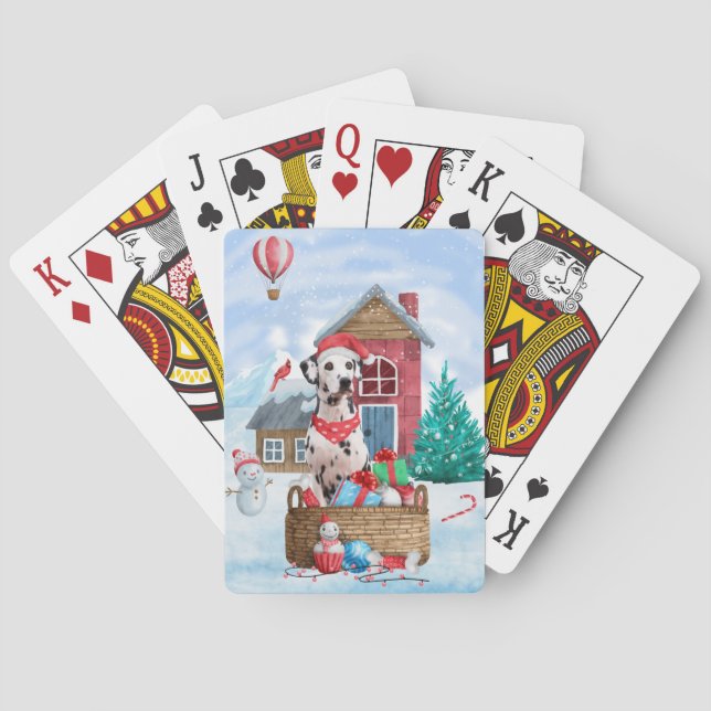 Dalmatian Dog In snow Christmas Dog House Playing Cards (Back)