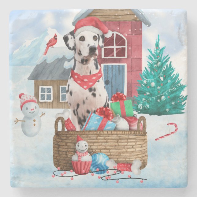 Dalmatian Dog In snow Christmas Dog House Stone Coaster (Front)