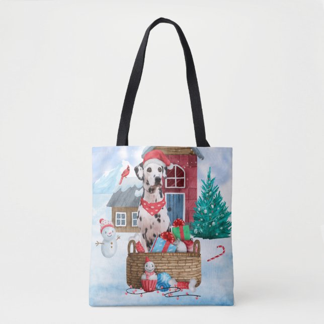 Dalmatian Dog In snow Christmas Dog House Tote Bag (Front)