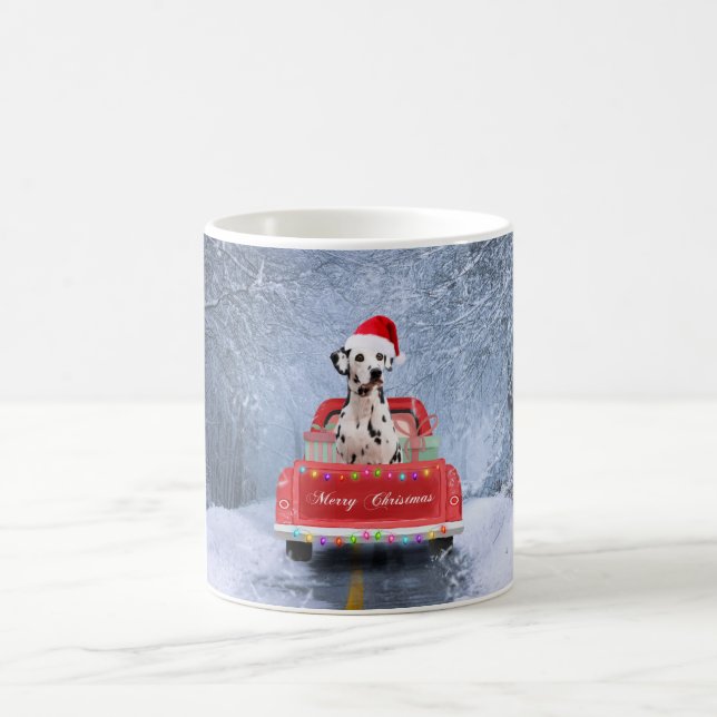 Dalmatian Dog in Snow sitting in Christmas  Coffee Mug (Center)