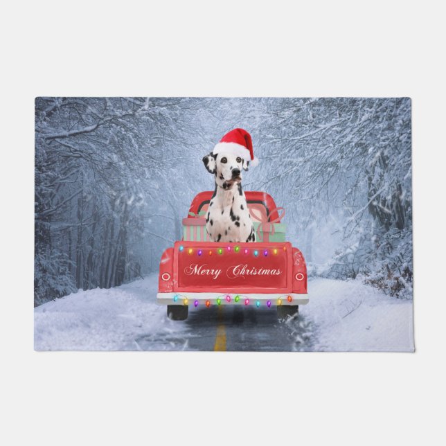 Dalmatian Dog in Snow sitting in Christmas Truck Doormat (Front)