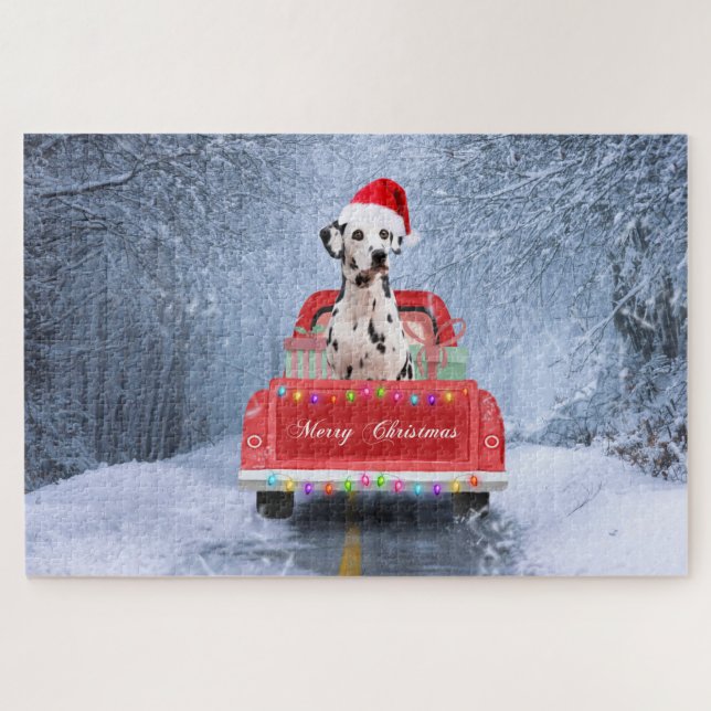 Dalmatian Dog in Snow sitting in Christmas Truck Jigsaw Puzzle (Horizontal)