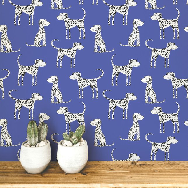 Dalmatian Dog Pattern Blue Wallpaper (Fun Dalmatian dog peel and stick art wallpaper for animal and pet lovers)