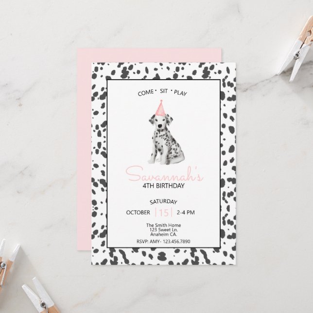 Dalmatian Dog Pink Come Sit Stay  Invitation (Front/Back In Situ)