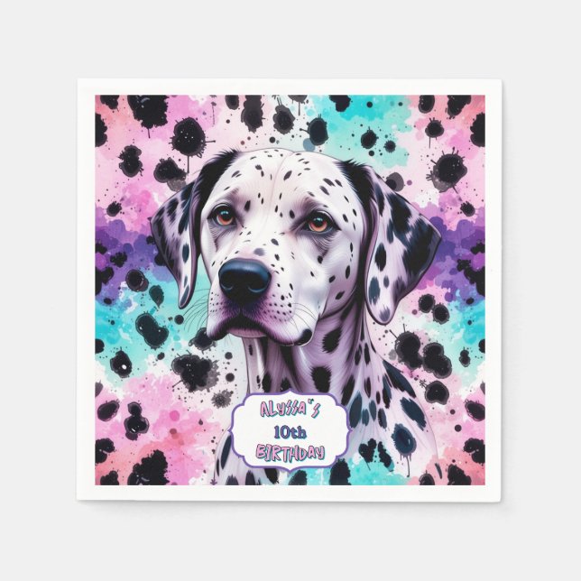 Dalmatian Dog Pink Purple Turquoise Birthday Napkin (Front)