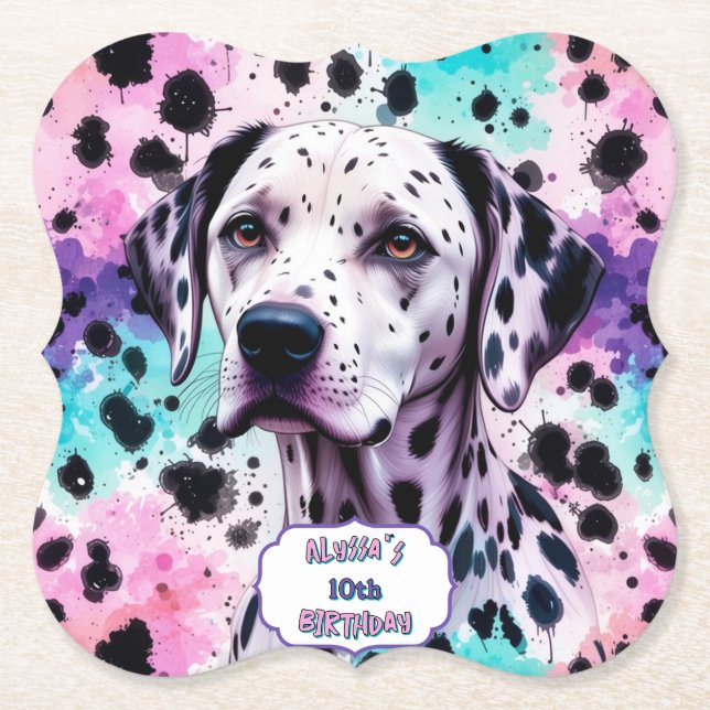 Dalmatian Dog Pink Purple Turquoise Birthday Paper Coaster (Front)