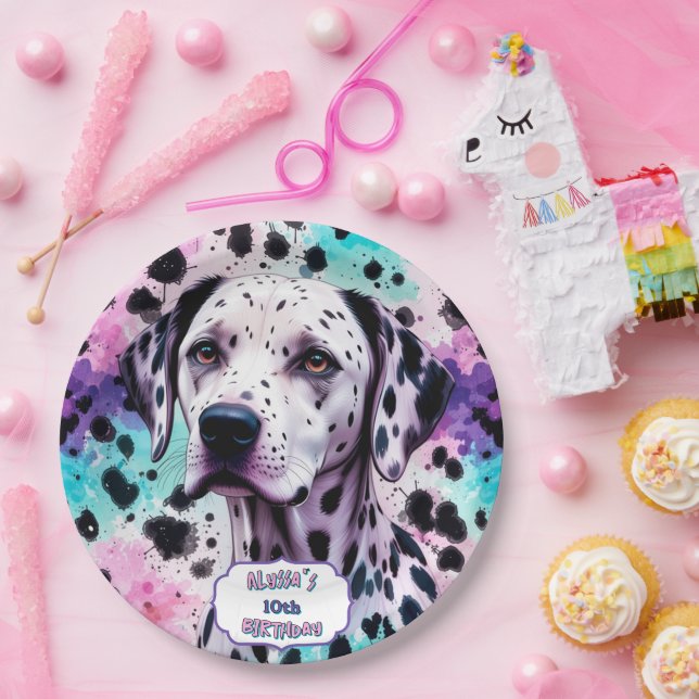 Dalmatian Dog Pink Purple Turquoise Birthday Paper Plate (Party)