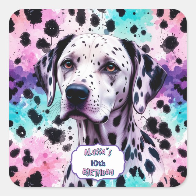 Dalmatian Dog Pink Purple Turquoise Birthday Square Sticker (Front)