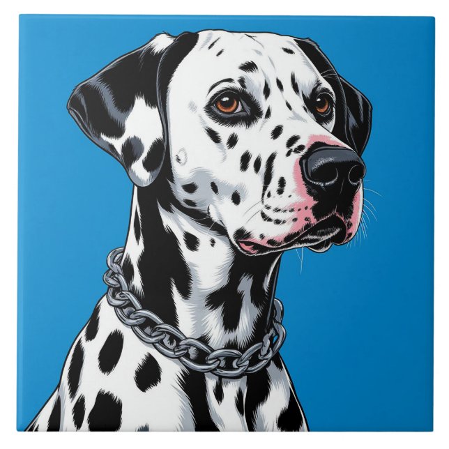 Dalmatian Dog Portrait Against Blue Background Tile (Front)