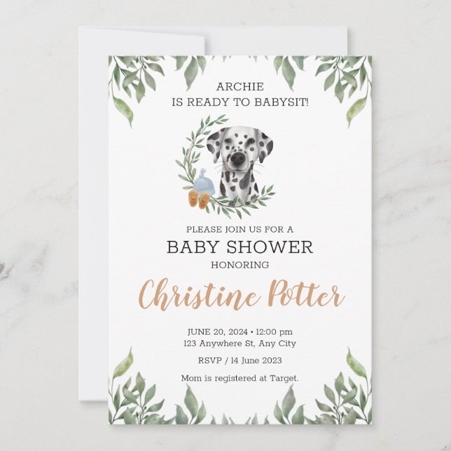 Dalmatian Dog Puppy Greenery Boho Baby Shower Invitation (Front)