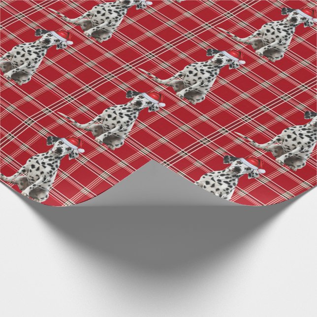 Dalmatian Dog Red Holiday Plaid Christmas Wrapping Paper (Corner)