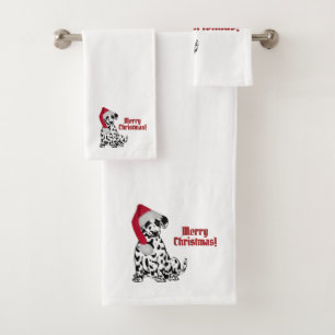 Dalmatian Dog Red Stocking Cap Merry Christmas Bath Towel Set