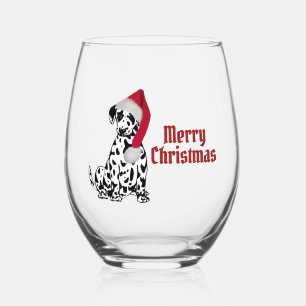 Dalmatian Dog Red Stocking Cap Merry Christmas Stemless Wine Glass