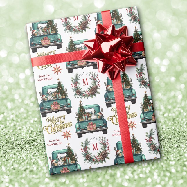 Dalmatian Dog Retro Truck Monogram Christmas Wrapping Paper (Creator Uploaded)