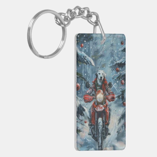 Dalmatian Dog Riding Motorcycle Christmas Key Ring (Front Left)