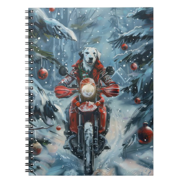 Dalmatian Dog Riding Motorcycle Christmas Notebook (Front)