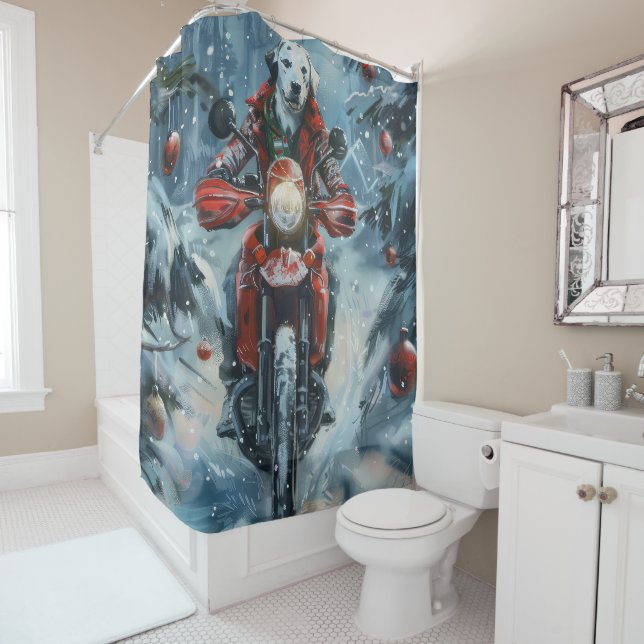Dalmatian Dog Riding Motorcycle Christmas Shower Curtain (In Situ)