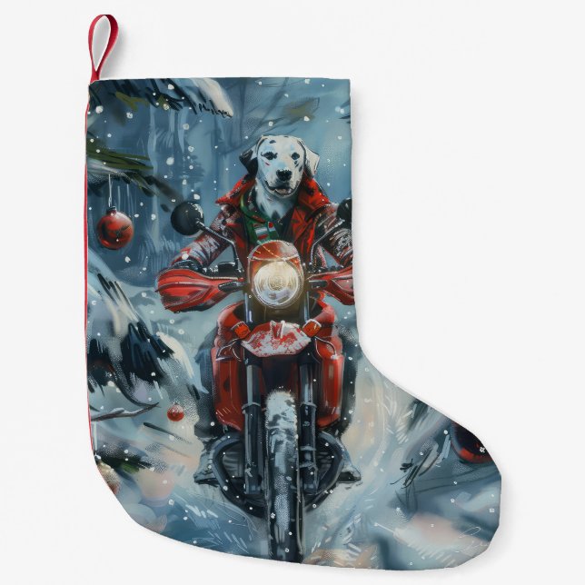 Dalmatian Dog Riding Motorcycle Christmas Small Christmas Stocking (Front)