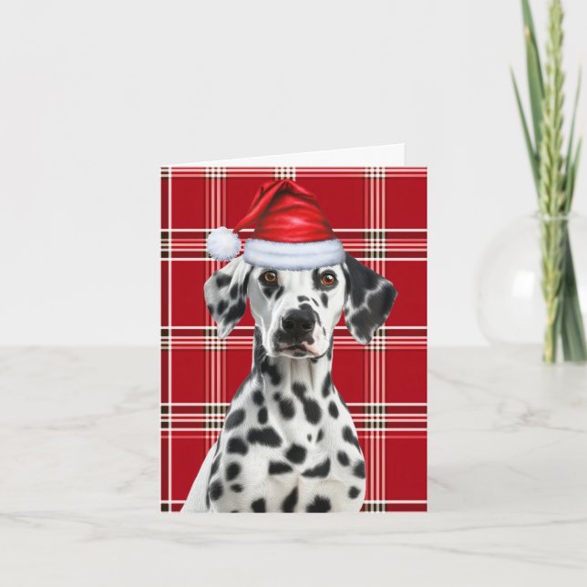 Dalmatian Dog Santa Red Seasonal Plaid Christmas Holiday Card (Front)