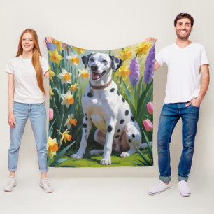 Dalmatian Dog Spring Flowers Painting Fleece Blanket