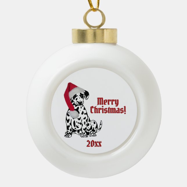 Dalmatian Dog Stocking Cap Merry Christmas Year Ceramic Ball Christmas Ornament (Front)