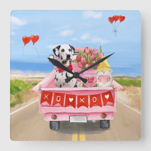 Dalmatian Dog Valentine's Day Truck Hearts Square Wall Clock (Front)