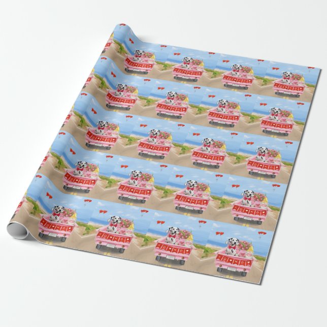 Dalmatian Dog Valentine's Day Truck Hearts Wrapping Paper (Unrolled)
